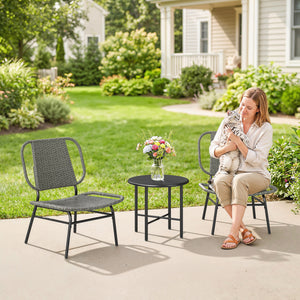 3 Piece Wicker Patio Furniture Set, Outdoor Bistro Set with 2 Armless Chairs, Steel Table, Rattan Outdoor Conversation Furniture for Porch Balcony, Grey
