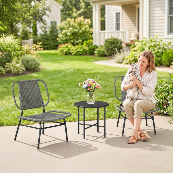 3 Piece Wicker Patio Furniture Set, Outdoor Bistro Set with 2 Armless Chairs, Steel Table, Rattan Outdoor Conversation Furniture for Porch Balcony, Grey