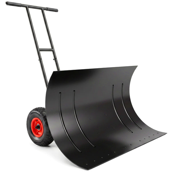 Snow Shovel with Wheels, 29" x 18" Heavy Duty Metal Snow Pusher with 5-Level Adjustable Handle, 7-Angle Blade, Bottom Wear Strip for Driveway, Sidewalks, Garden, Deck, Black