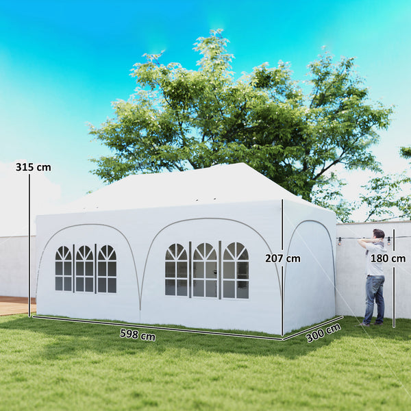 3 x 6m Pop Up Gazebo with Sides, 6 Sandbags, Peak Top Height Adjustable Outdoor Garden Party Tent Marquee Wedding Awning Canopy Instant Event Shelter with Carry Bag, Windows, Light Grey/White