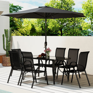 8 Pieces Patio Table and Chairs Set with 9 Ft Patio Umbrella, Outdoor Dining Set with 4.6 Ft Dining Table and 6 Chairs, Push Button Tilt and Crank Parasol, Tempered Glass Top, Black