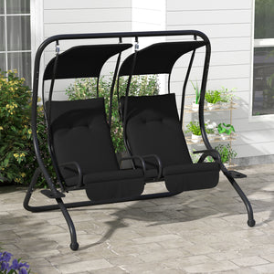 Outsunny Patio Swing Chair with 2 Separate Seats, Outdoor Swing with Removable Canopy and Cup Holders for Porch, Garden, Poolside, Backyard, Black