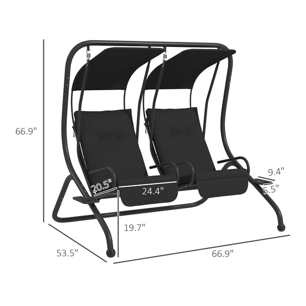 Outsunny Patio Swing Chair with 2 Separate Seats, Outdoor Swing with Removable Canopy and Cup Holders for Porch, Garden, Poolside, Backyard, Black