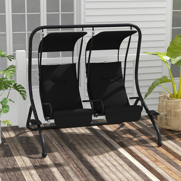 Outsunny Patio Swing Chair with 2 Separate Seats, Outdoor Swing with Removable Canopy and Cup Holders for Porch, Garden, Poolside, Backyard, Black