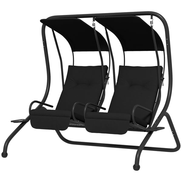 Outsunny Patio Swing Chair with 2 Separate Seats, Outdoor Swing with Removable Canopy and Cup Holders for Porch, Garden, Poolside, Backyard, Black