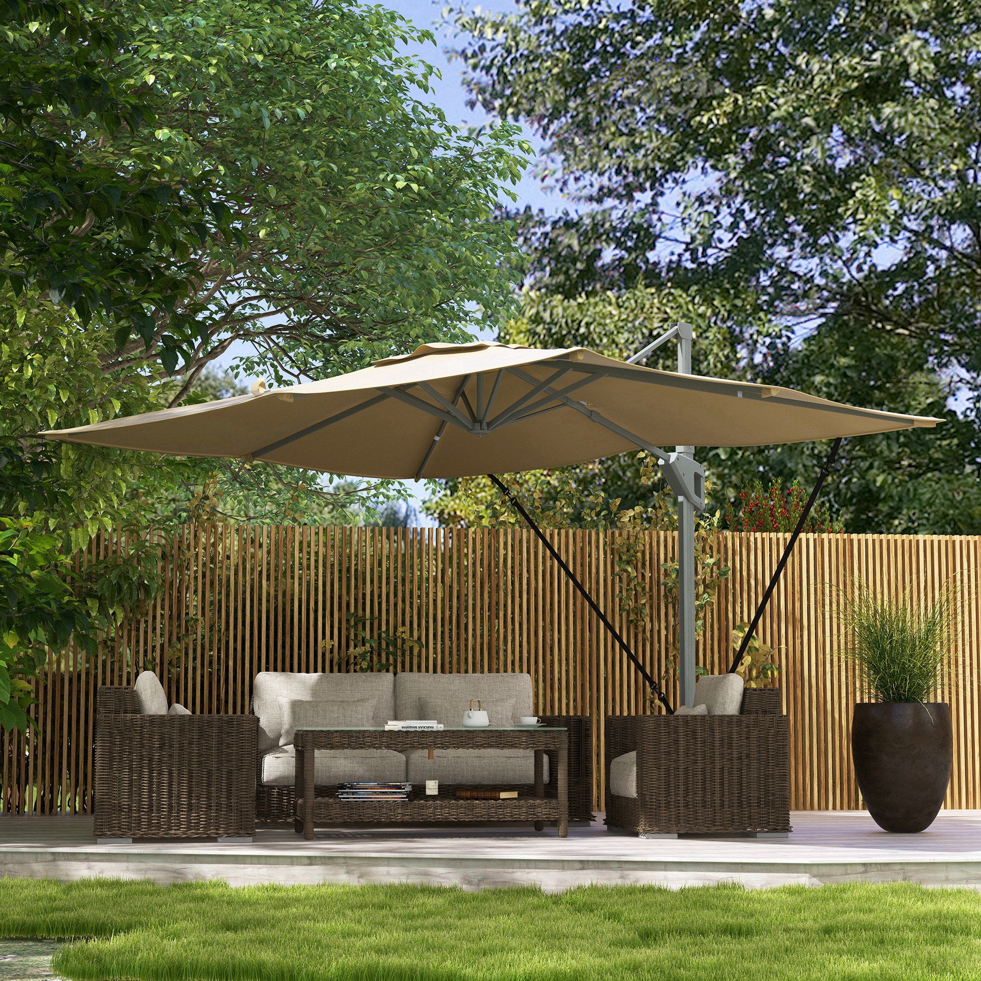 Outsunny 10' x 13' Cantilever Patio Umbrella with Windproof Straps, 4-Position Tilt, 360° Rotation, Khaki Outsunny 10' x 13' Cantilever Patio Umbrella with Windproof Straps, 4-Position Tilt, 360° Rotation, Khaki