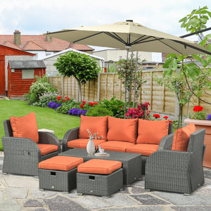 Rattan Garden Sofa Set With 3 Seater Sofa, 2 Reclining Single Sofa, Coffee Table, Footstool, Space-saving Outdoor Patio Wicker Furniture Set - Orange