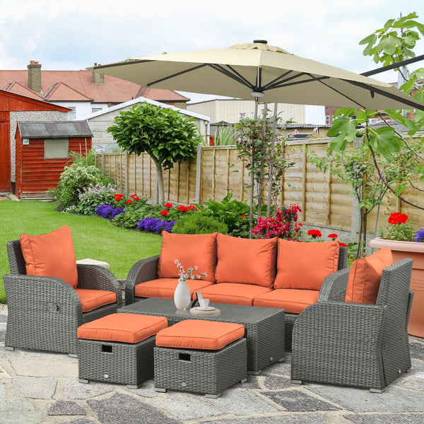 Rattan Garden Sofa Set With 3 Seater Sofa, 2 Reclining Single Sofa, Coffee Table, Footstool, Space-saving Outdoor Patio Wicker Furniture Set - Orange