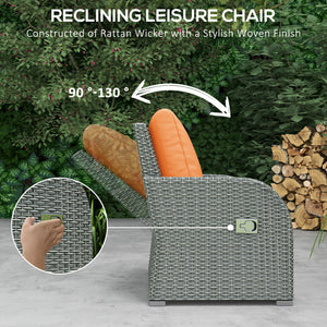 Rattan Garden Sofa Set With 3 Seater Sofa, 2 Reclining Single Sofa, Coffee Table, Footstool, Space-saving Outdoor Patio Wicker Furniture Set - Orange