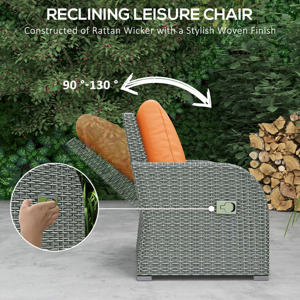 Rattan Garden Sofa Set With 3 Seater Sofa, 2 Reclining Single Sofa, Coffee Table, Footstool, Space-saving Outdoor Patio Wicker Furniture Set - Orange