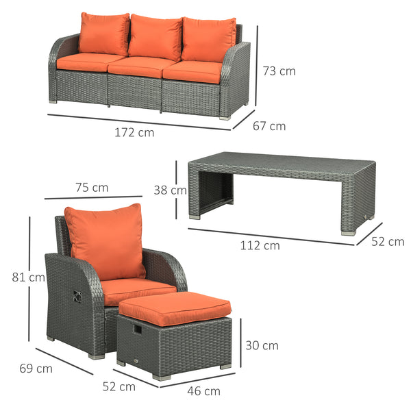 Rattan Garden Sofa Set With 3 Seater Sofa, 2 Reclining Single Sofa, Coffee Table, Footstool, Space-saving Outdoor Patio Wicker Furniture Set - Orange