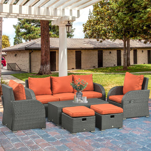 Rattan Garden Sofa Set With 3 Seater Sofa, 2 Reclining Single Sofa, Coffee Table, Footstool, Space-saving Outdoor Patio Wicker Furniture Set - Orange