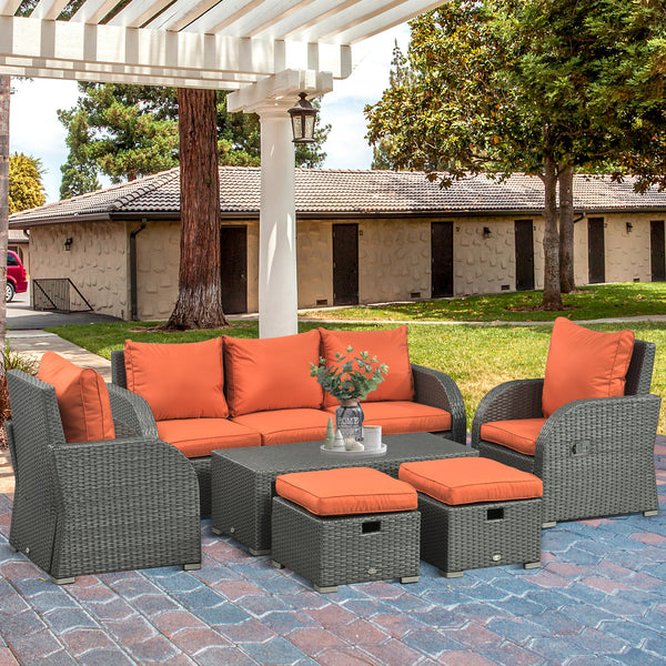 Rattan Garden Sofa Set With 3 Seater Sofa, 2 Reclining Single Sofa, Coffee Table, Footstool, Space-saving Outdoor Patio Wicker Furniture Set - Orange
