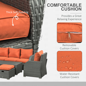 Rattan Garden Sofa Set With 3 Seater Sofa, 2 Reclining Single Sofa, Coffee Table, Footstool, Space-saving Outdoor Patio Wicker Furniture Set - Orange