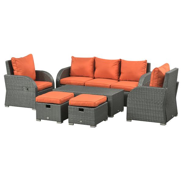 Rattan Garden Sofa Set With 3 Seater Sofa, 2 Reclining Single Sofa, Coffee Table, Footstool, Space-saving Outdoor Patio Wicker Furniture Set - Orange