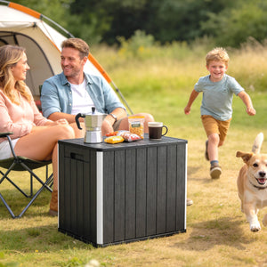30 Gallon Outdoor Storage Box, Outdoor Side Table with Umbrella Holder, HDPE Deck Box Garden Storage Container for Balcony, Porch, Poolside
