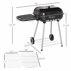 Portable Charcoal Grill with Foldable Side Shelf and Bottom Shelf, BBQ Smoker with Wheels and Adjustable Vents on Lid for Picnic Camping Backyard Cooking, Black