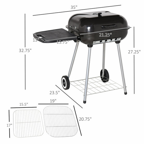 Portable Charcoal Grill with Foldable Side Shelf and Bottom Shelf, BBQ Smoker with Wheels and Adjustable Vents on Lid for Picnic Camping Backyard Cooking, Black