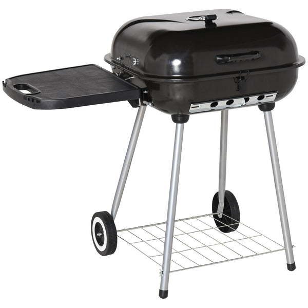 Portable Charcoal Grill with Foldable Side Shelf and Bottom Shelf, BBQ Smoker with Wheels and Adjustable Vents on Lid for Picnic Camping Backyard Cooking, Black