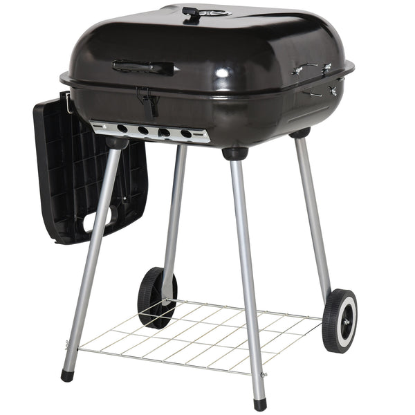 Portable Charcoal Grill with Foldable Side Shelf and Bottom Shelf, BBQ Smoker with Wheels and Adjustable Vents on Lid for Picnic Camping Backyard Cooking, Black