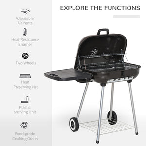 Portable Charcoal Grill with Foldable Side Shelf and Bottom Shelf, BBQ Smoker with Wheels and Adjustable Vents on Lid for Picnic Camping Backyard Cooking, Black