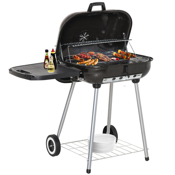 Portable Charcoal Grill with Foldable Side Shelf and Bottom Shelf, BBQ Smoker with Wheels and Adjustable Vents on Lid for Picnic Camping Backyard Cooking, Black