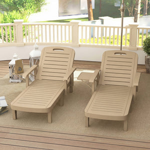 Set of 2 Resin Reclining Sun Loungers for Garden, 5 Positions Adjustable Outdoor Chaise Lounge Chair with Wood Texture Surface, Armrests, Foldable Side Table for Garden, Beach, Khaki