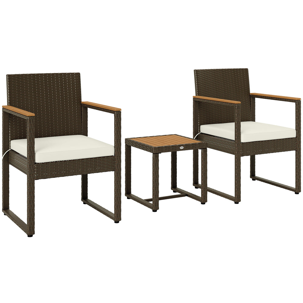 3 Pieces Wicker Patio Furniture Set, Rattan Bistro Set w/ 2 Patio Chairs, Acacia Wood Table & Removable Cushions, Patio Conversation Set for Porch, Balcony, White