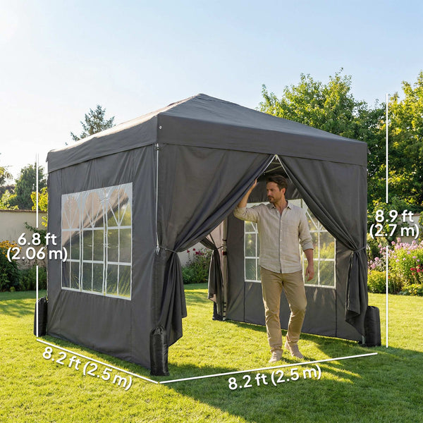 8.2 x 8.2 ft Pop Up Canopy Tent with 4 Sidewalls, UPF 50+ Easy Setup Outdoor Instant Canopy Portable Shelter with 4 Sandbags, Carry Bag, Adjustable Height, Dark Grey