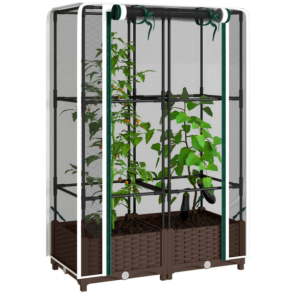 Raised Garden Bed with Trellis, 46.5" Tomato Cage with Crop Cage, Self Watering Planter Box with Drainage Holes and Plugs for Outdoor Patio Climbing Plants, Vines, Vegetables, Flowers, White