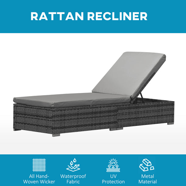 Wicker Outdoor Lounge Chair, Patio Lounger with 5-Level Adjustable Backrest, Rattan Sun Lounger with Padded Cushion for Garden, Backyard, Poolside, Mixed Grey