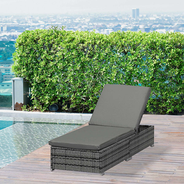 Wicker Outdoor Lounge Chair, Patio Lounger with 5-Level Adjustable Backrest, Rattan Sun Lounger with Padded Cushion for Garden, Backyard, Poolside, Mixed Grey