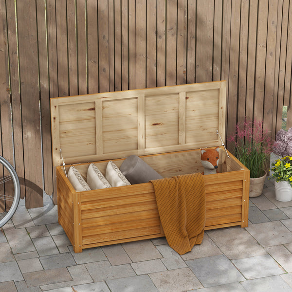 47 Gallon Outdoor Storage Box, Wooden Deck Box Garden Storage Container with 2 Safety Hinges for Balcony, Porch, Poolside, 51.2" x 19.7" x 17.7", Light Brown