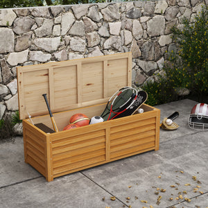 47 Gallon Outdoor Storage Box, Wooden Deck Box Garden Storage Container with 2 Safety Hinges for Balcony, Porch, Poolside, 51.2" x 19.7" x 17.7", Light Brown