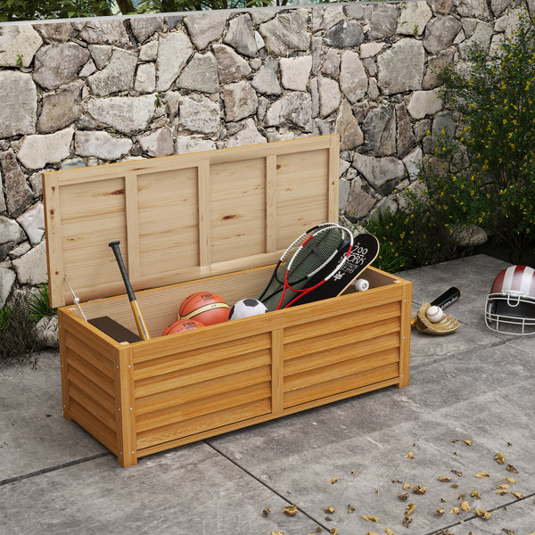 47 Gallon Outdoor Storage Box, Wooden Deck Box Garden Storage Container with 2 Safety Hinges for Balcony, Porch, Poolside, 51.2" x 19.7" x 17.7", Light Brown