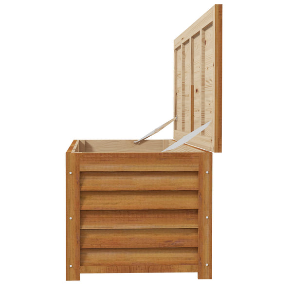 47 Gallon Outdoor Storage Box, Wooden Deck Box Garden Storage Container with 2 Safety Hinges for Balcony, Porch, Poolside, 51.2" x 19.7" x 17.7", Light Brown