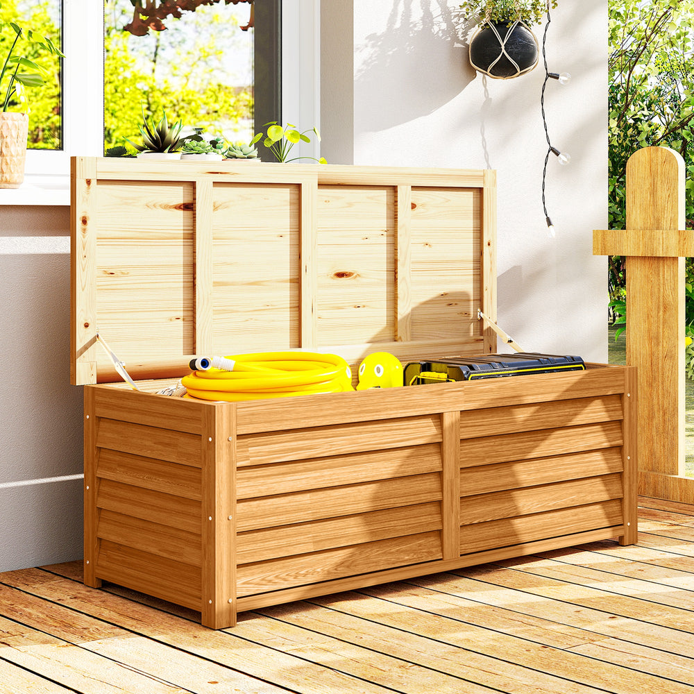 47 Gallon Outdoor Storage Box, Wooden Deck Box Garden Storage Container with 2 Safety Hinges for Balcony, Porch, Poolside, 51.2" x 19.7" x 17.7", Light Brown