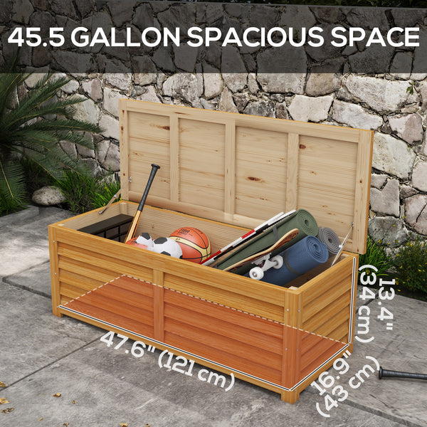 47 Gallon Outdoor Storage Box, Wooden Deck Box Garden Storage Container with 2 Safety Hinges for Balcony, Porch, Poolside, 51.2" x 19.7" x 17.7", Light Brown