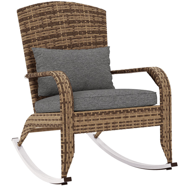 Outdoor Wicker Adirondack Rocking Chair, Patio Rattan Rocker Chair with High Back, Seat Cushion and Pillow for Garden, Porch, Balcony, Grey/Mixed Yellow