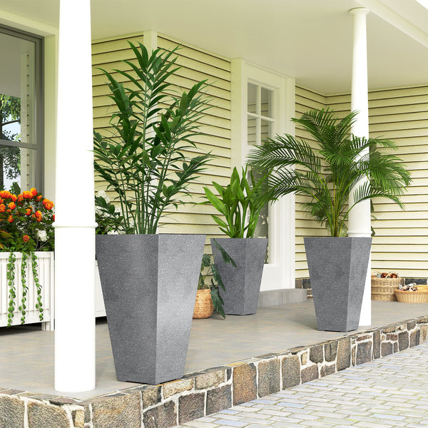 28 Inch Tall Planters for Outdoor Plants, Set of 3 Plastic Flower Pots with Marble Finish and Drainage Holes, Stackable Tapered Large Planters for Indoor Plants, Front Porch Decor, Gray