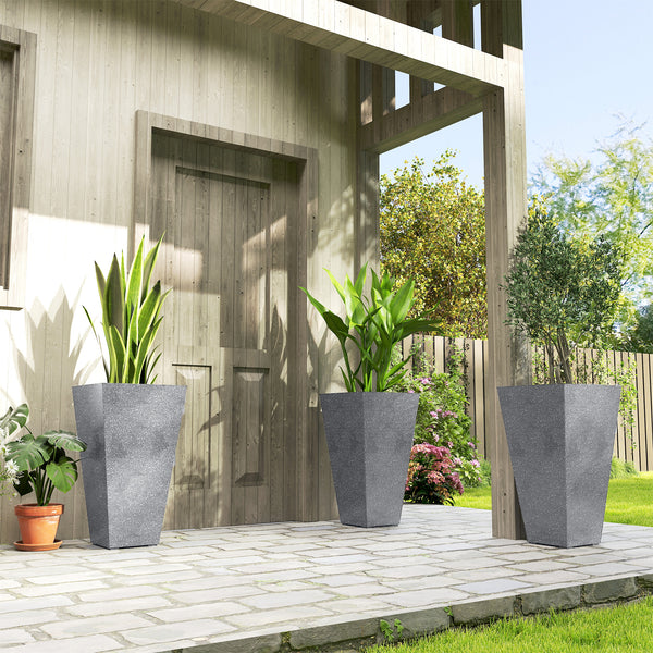 28 Inch Tall Planters for Outdoor Plants, Set of 3 Plastic Flower Pots with Marble Finish and Drainage Holes, Stackable Tapered Large Planters for Indoor Plants, Front Porch Decor, Gray