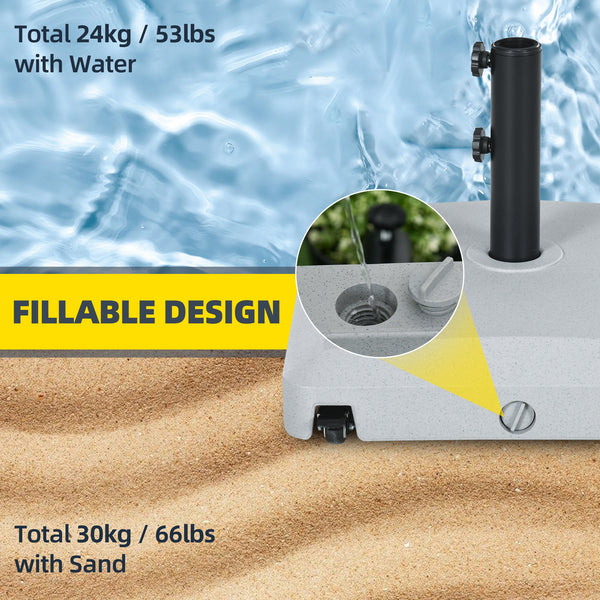 Garden Parasol Base Holder, 24kg Water or 30kg Sand Filled, Outdoor Market Umbrella Stand Weight with Wheels and Brakes, Grey