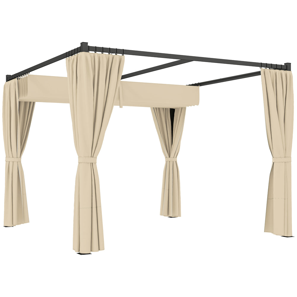 3 x 3(m) Pergola with Retractable Roof Canopy and Curtains, Metal Frame Garden Gazebo Outdoor Sun Shade Shelter for Grill, Patio, Deck, Khaki