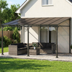 13' x 10' Lean to Gazebo, Hardtop Wall Mounted Outdoor Pergola with Polycarbonate Roof and Metal-Aluminium Frame, Heavy Duty Metal Pergola for Patio Deck Backyard, Brown