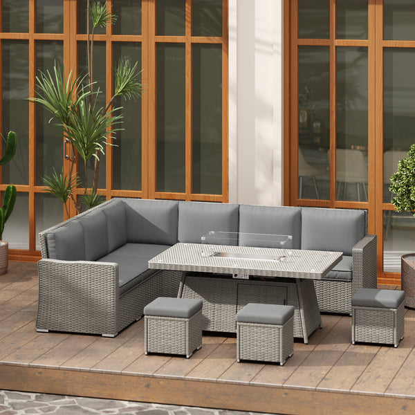 7 Pieces PE Rattan Garden Furniture Set, 50,000 BTU Gas Fire Pit Table, Double Corner Sofa and 3 Footstools, 6 Seater Furniture Sofa Sets with Cushions for Conservatory, Grey