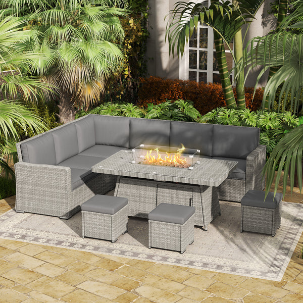 7 Pieces PE Rattan Garden Furniture Set, 50,000 BTU Gas Fire Pit Table, Double Corner Sofa and 3 Footstools, 6 Seater Furniture Sofa Sets with Cushions for Conservatory, Grey