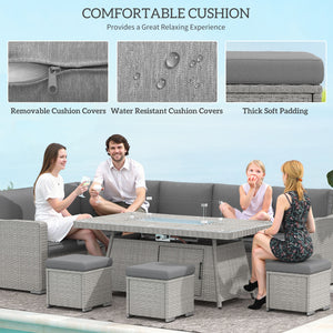 7 Pieces PE Rattan Garden Furniture Set, 50,000 BTU Gas Fire Pit Table, Double Corner Sofa and 3 Footstools, 6 Seater Furniture Sofa Sets with Cushions for Conservatory, Grey