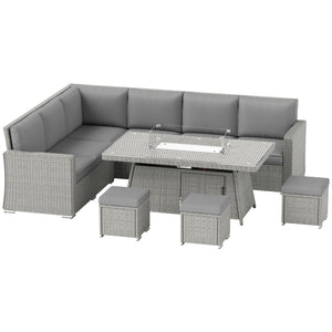 7 Pieces PE Rattan Garden Furniture Set, 50,000 BTU Gas Fire Pit Table, Double Corner Sofa and 3 Footstools, 6 Seater Furniture Sofa Sets with Cushions for Conservatory, Grey