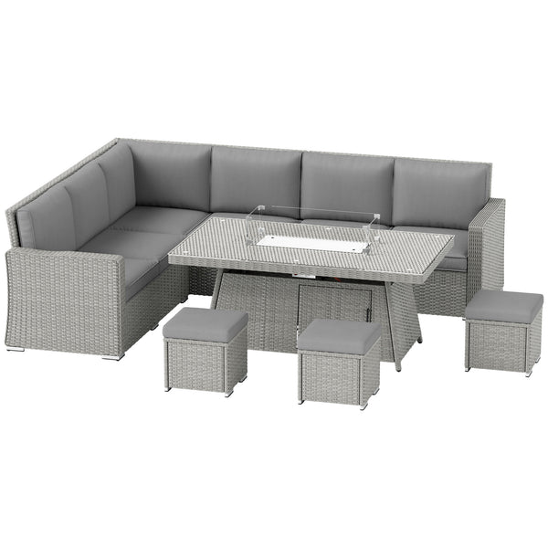 7 Pieces PE Rattan Garden Furniture Set, 50,000 BTU Gas Fire Pit Table, Double Corner Sofa and 3 Footstools, 6 Seater Furniture Sofa Sets with Cushions for Conservatory, Grey