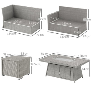 7 Pieces PE Rattan Garden Furniture Set, 50,000 BTU Gas Fire Pit Table, Double Corner Sofa and 3 Footstools, 6 Seater Furniture Sofa Sets with Cushions for Conservatory, Grey
